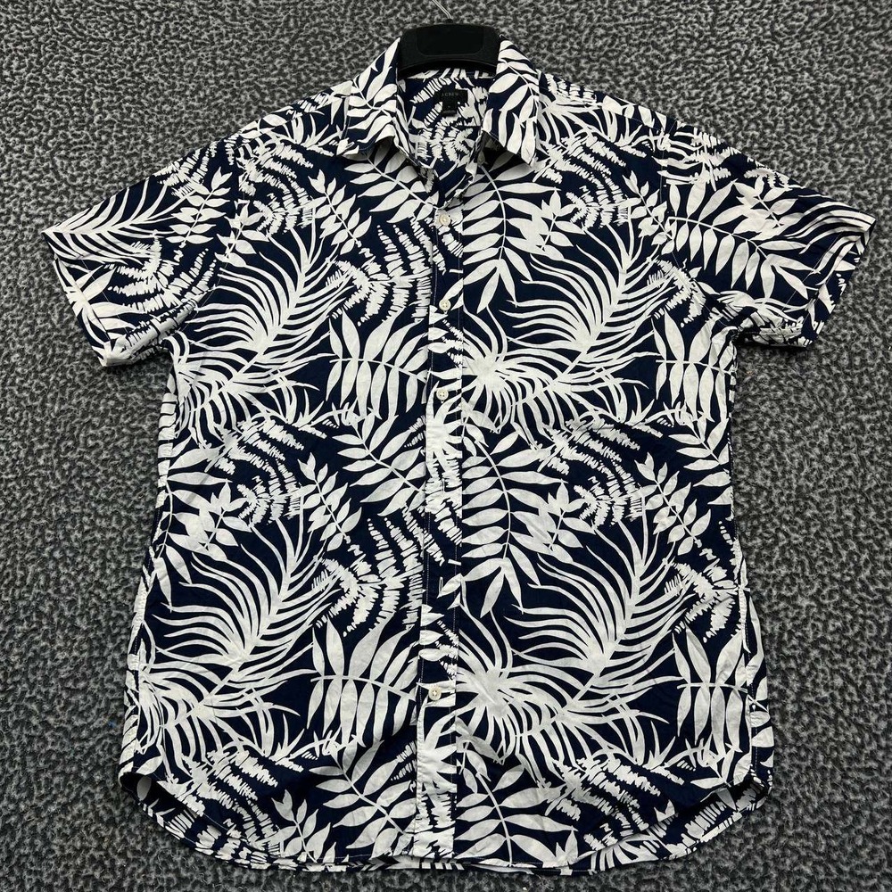 J. Crew Men Large Short Sleeve Button Down Shirt Navy Blue White Palm Leaf Print